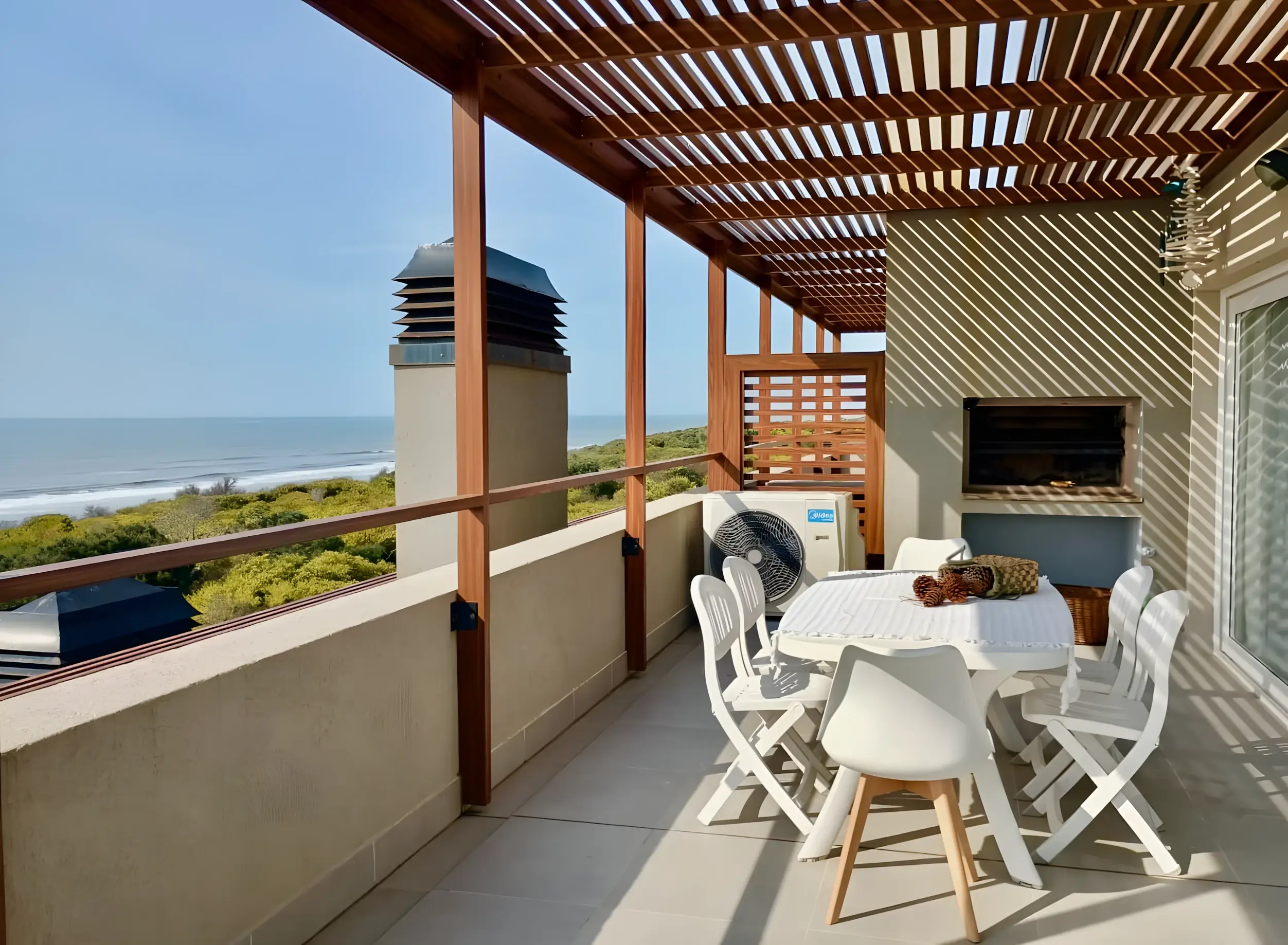 Balcón a lo largo del frente, con parrilla y el mar de fondo