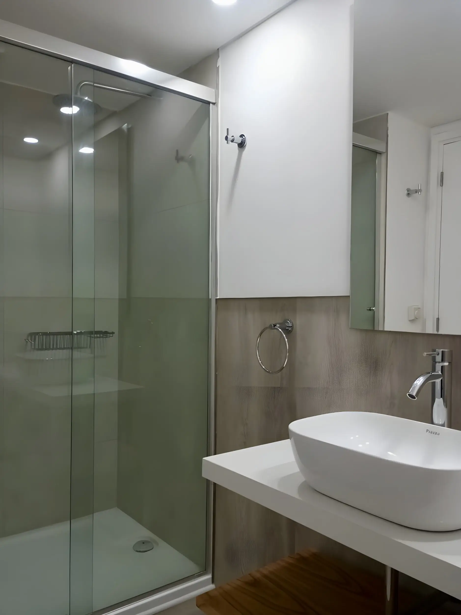 Baño completo con ducha de vidrio y bacha sobre mesada